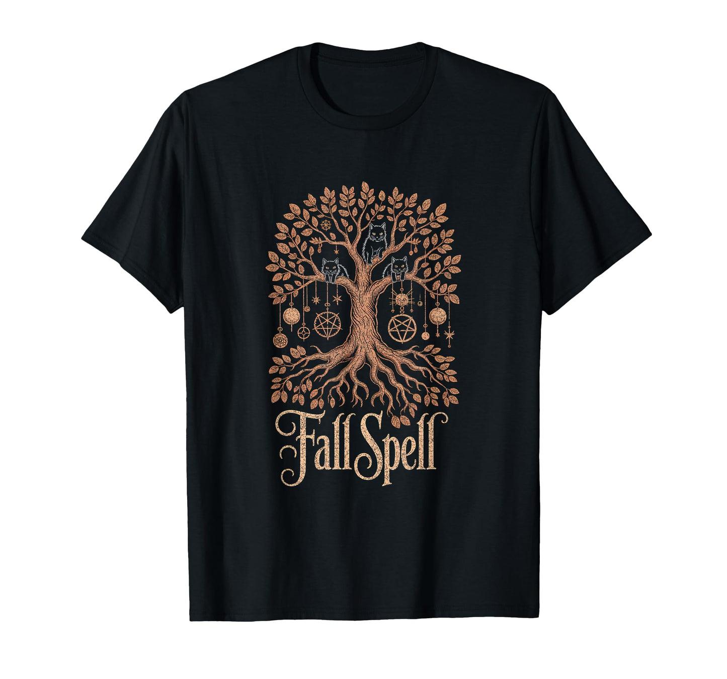 Fall Spell Tree Cats Pentagram Witchy Autumn Fall Halloween T-Shirt