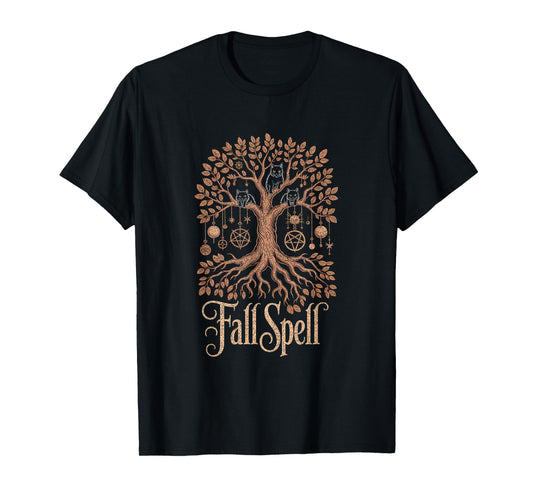 Fall Spell Tree Cats Pentagram Witchy Autumn Fall Halloween T-Shirt