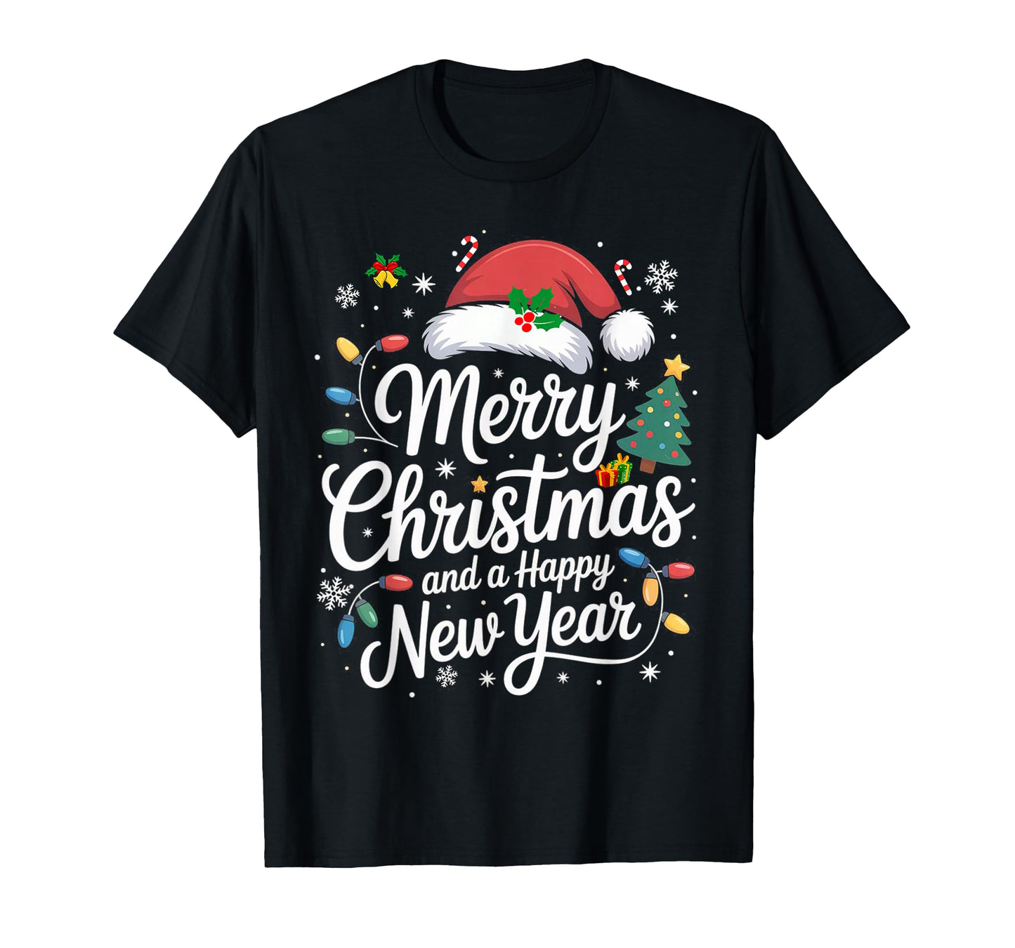 Merry Christmas Lights Red Santa Hat and Happy New Year T-Shirt