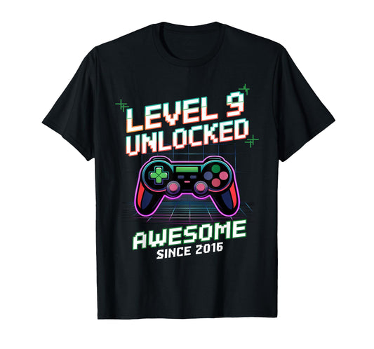 Level 9 Unlocked Awesome Since 2016 9th Birthday Boy Gaming T-Shirt