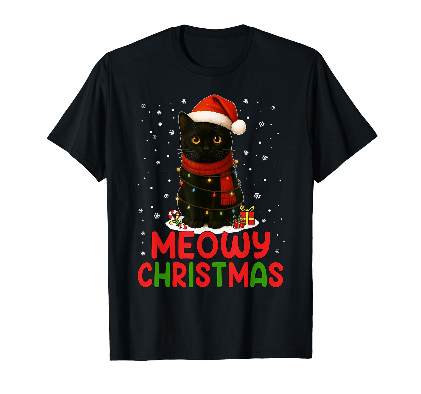 Cute Meowy Christmas Santa Hat Funny Black Cat Men Women Kid T-Shirt