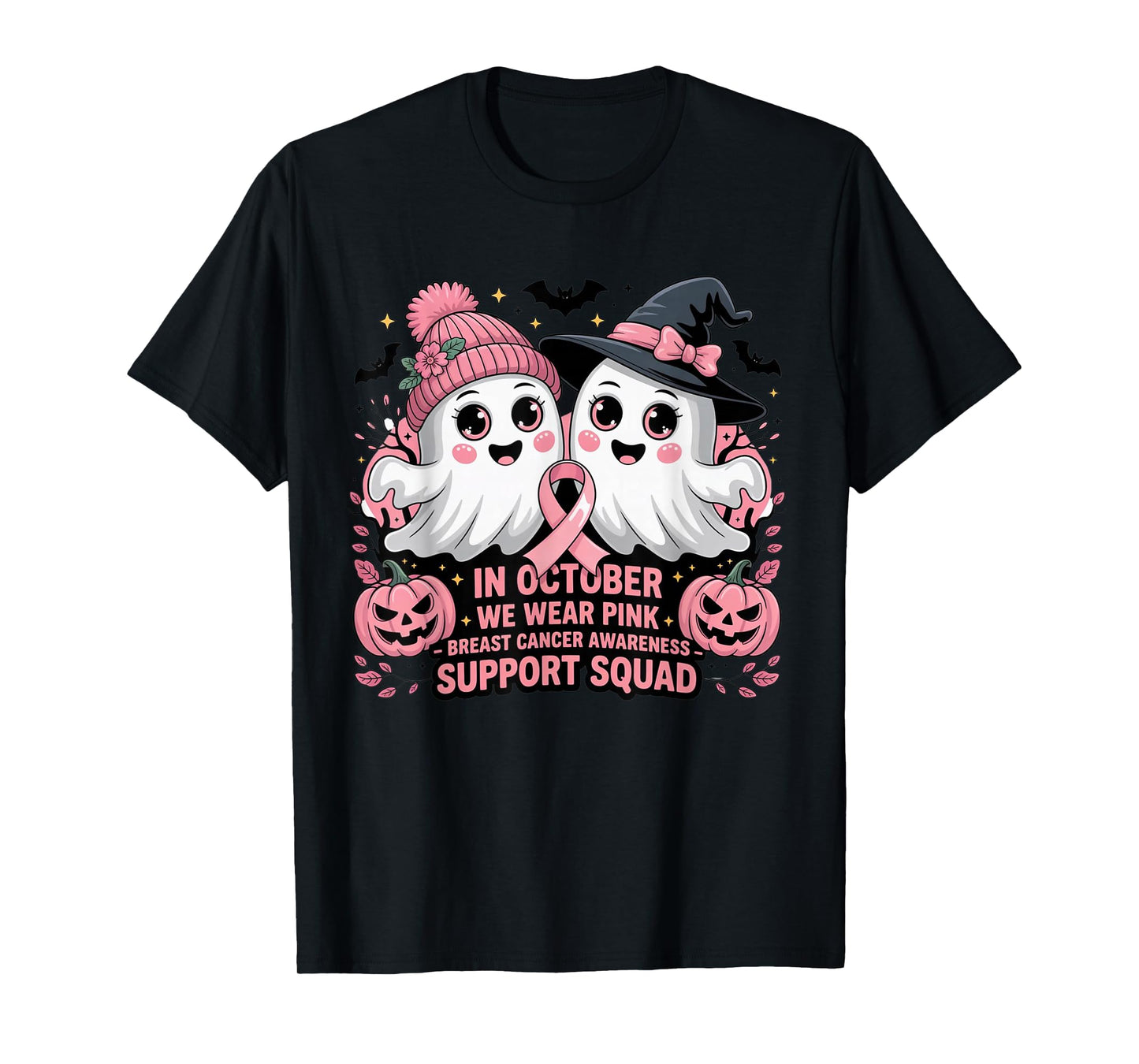 Support Squad We Wear Pink Ghost Witch October Breast Cancer T-Shirt