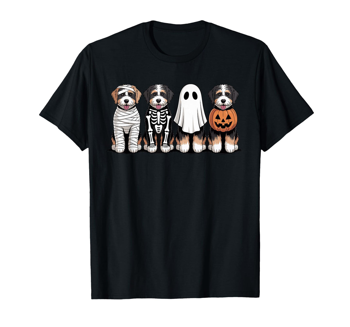 Spooky Ghost Bernedoodle Pumpkin Halloween Dog Skeleton T-Shirt