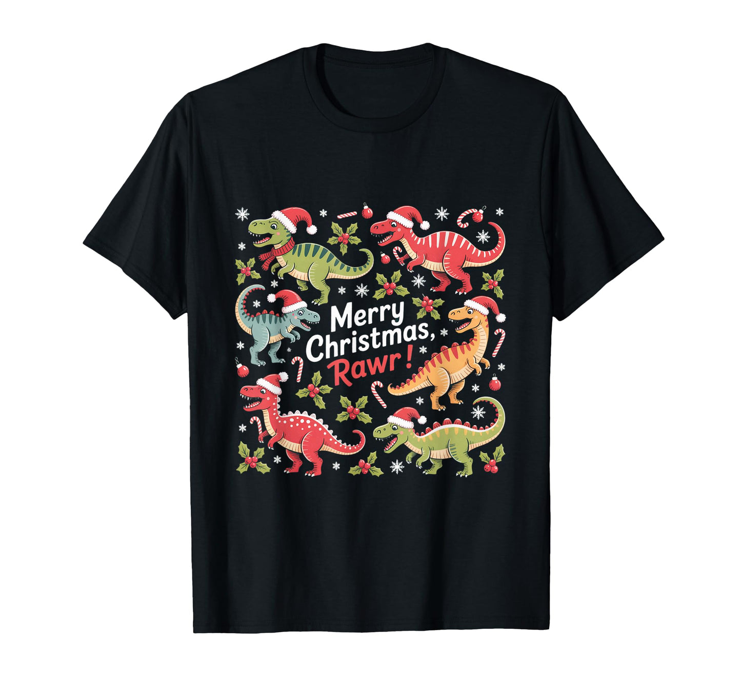 Merry Christmas Rawr Dinosaur Santa Hat Holiday T-Shirt