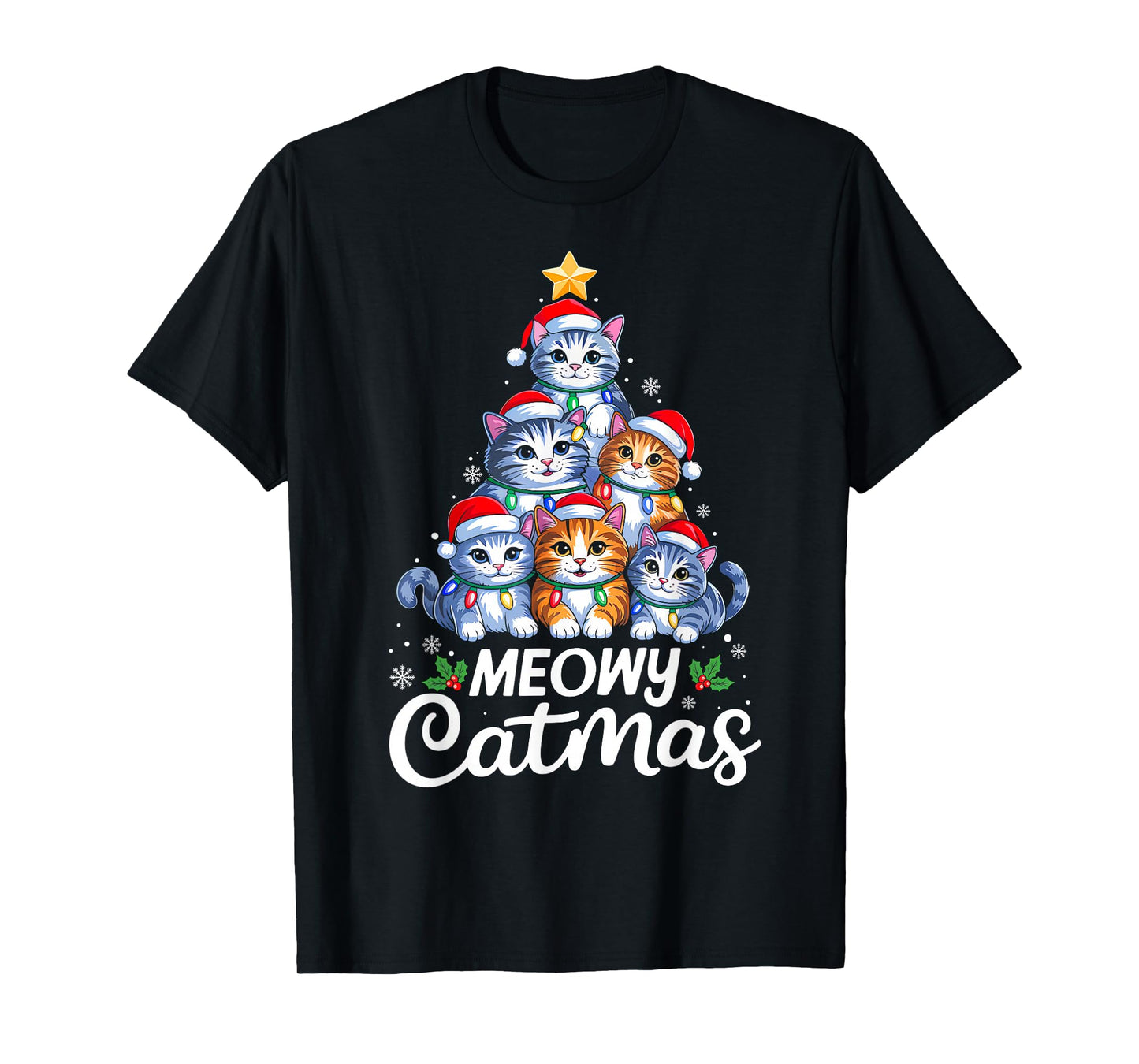 Meowy Catmas Christmas Tree Lights Cat Kitten Santa Hat Xmas T-Shirt