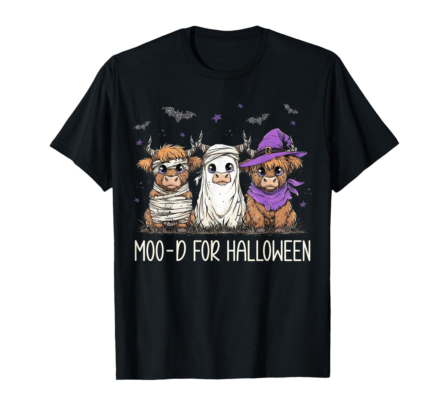 Moo-d for Halloween Funny Halloween Highland Cow Retro T-Shirt