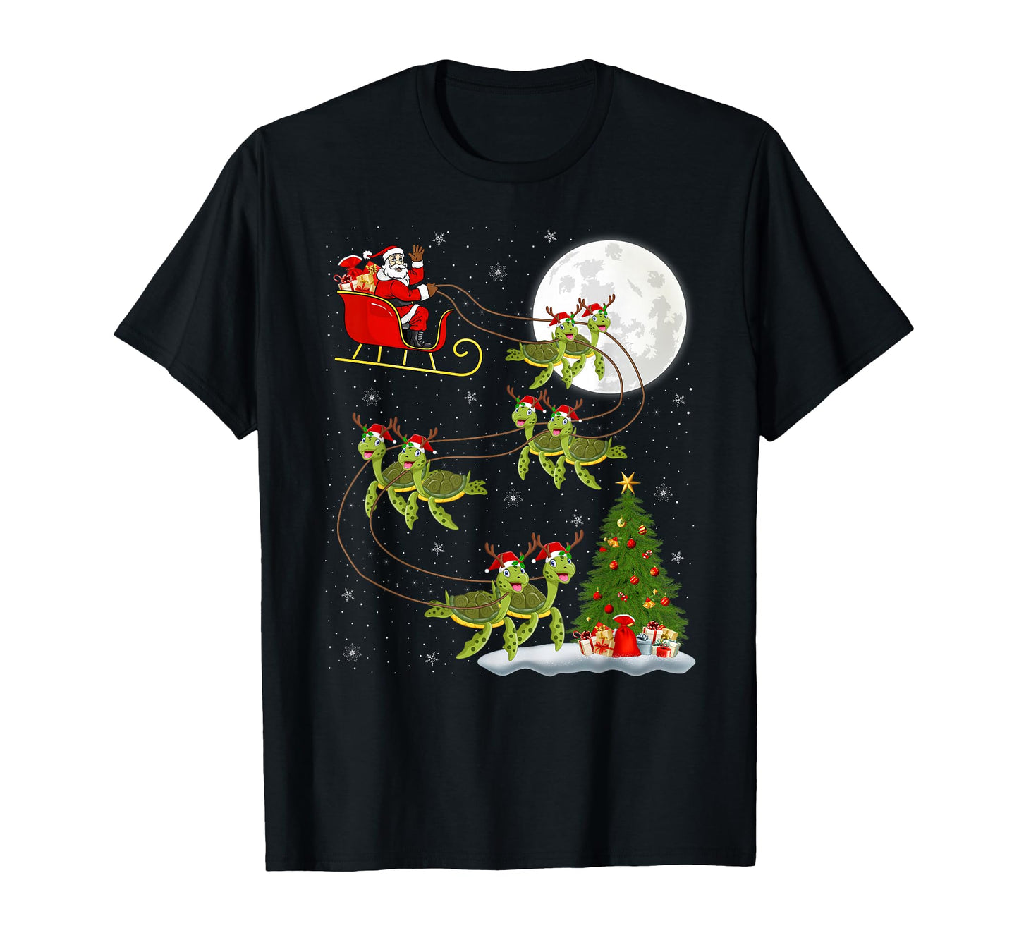 Sea Turtle Santa Sleigh Flying Funny Magical Christmas T-Shirt