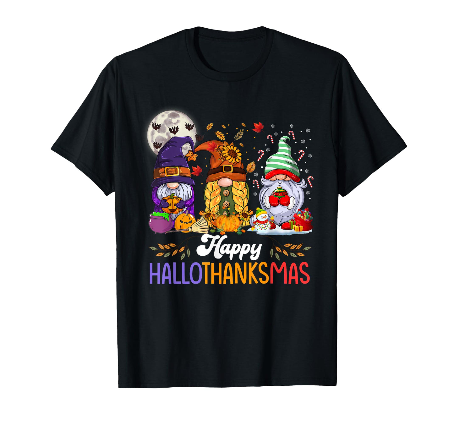 Happy Hallothanksmas Gnomes Lover Halloween Merry Christmas T-Shirt