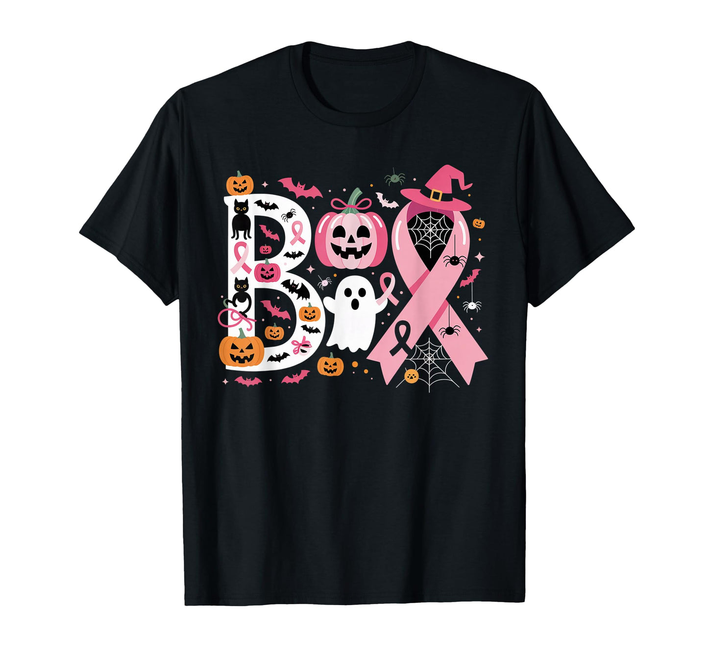 Boo Halloween Pumpkin Pink Ribbon Witch Cancer Awareness T-Shirt