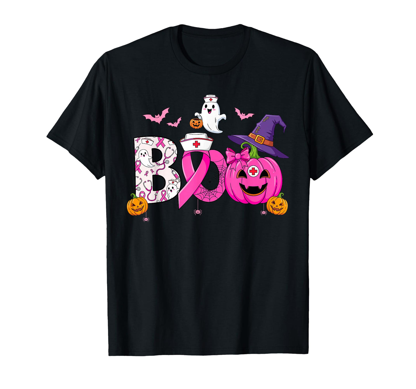 Boo Ghost Breast Cancer Awareness Nurse Witchy Pink Pumpkin T-Shirt