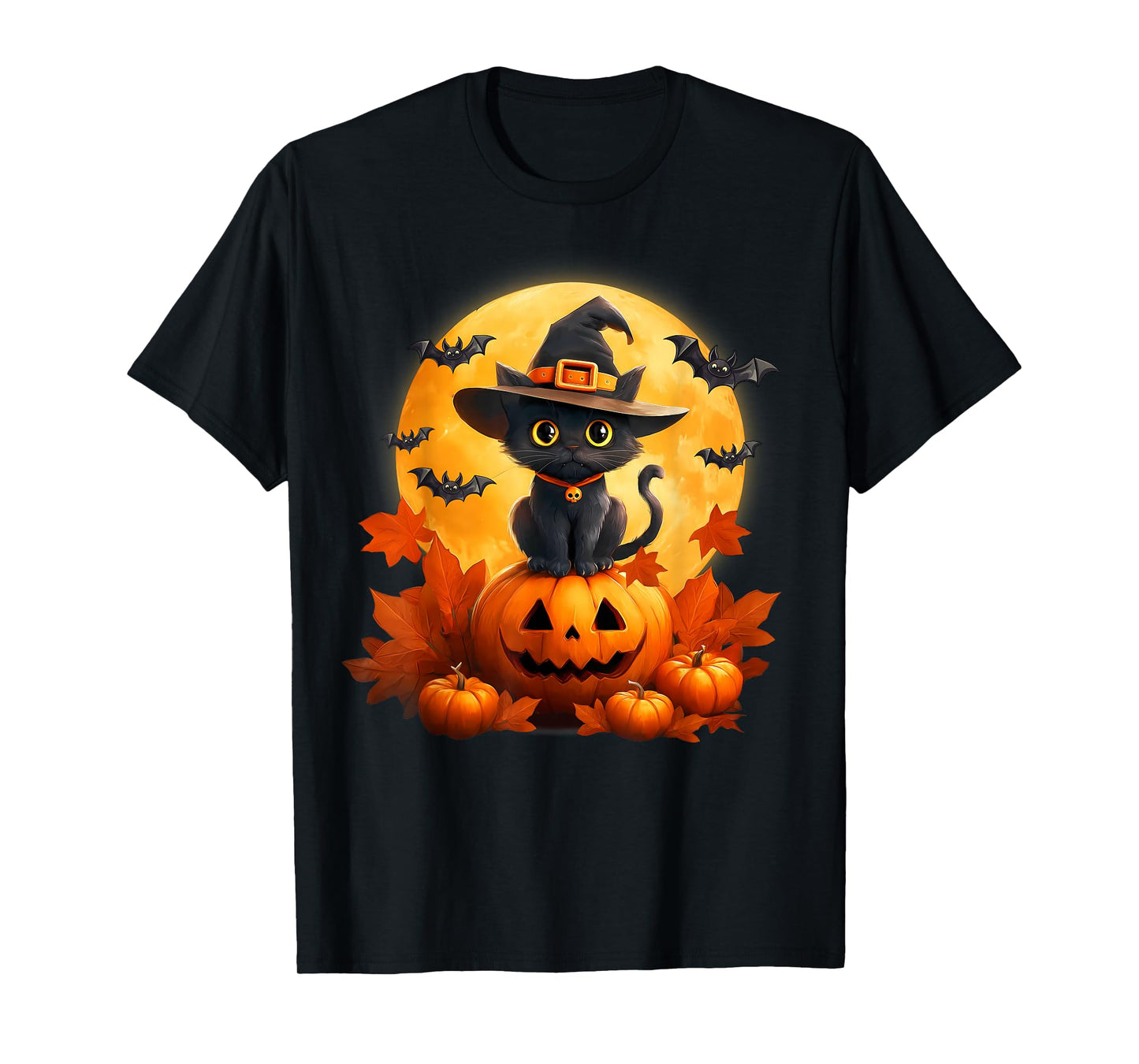 Spooky Halloween Moon Black Cat Witch Pumpkin Autumn Season T-Shirt