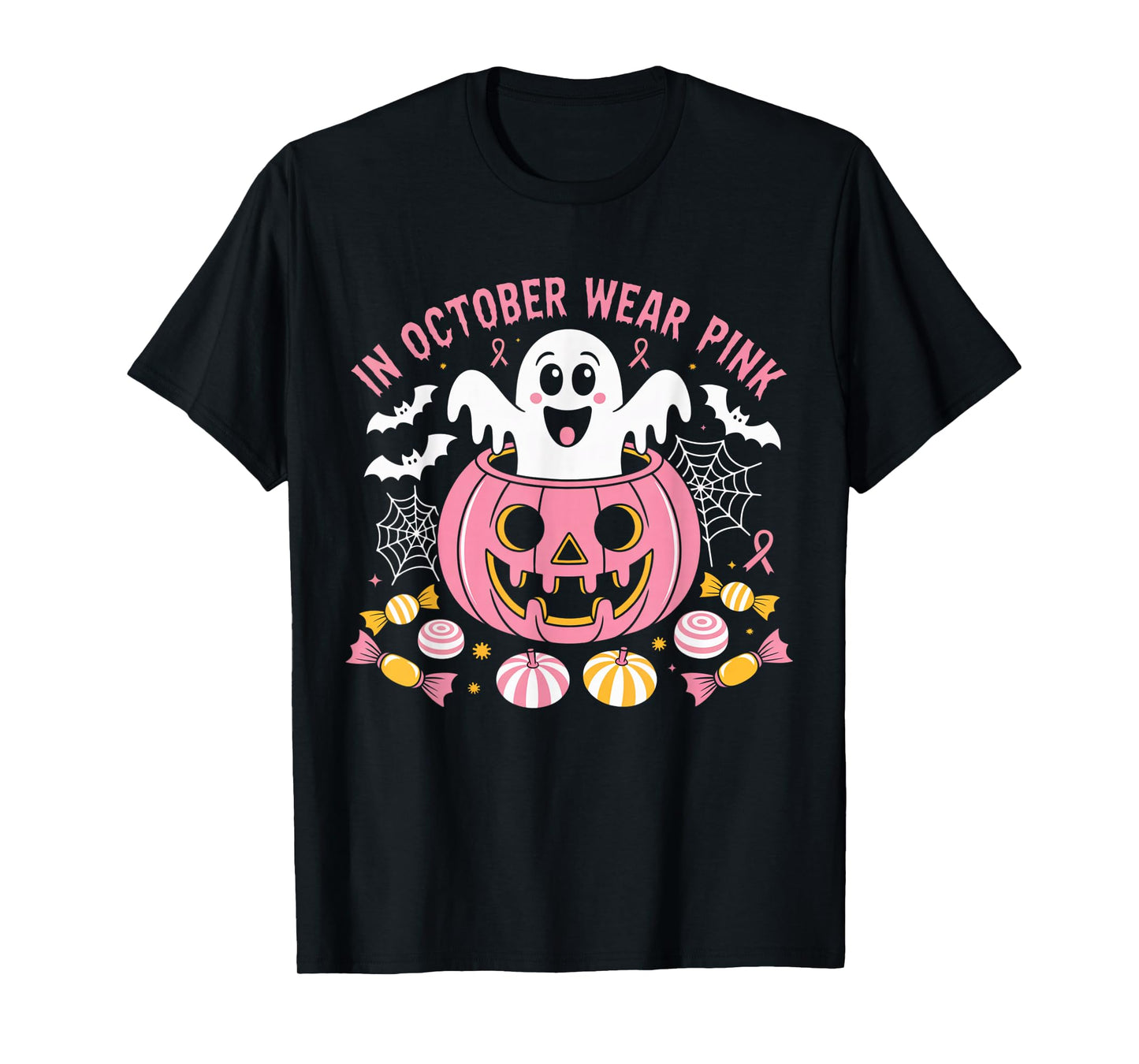 in October We Wear Pink Ghost Witch Breast Cancer Awareness T-Shirt