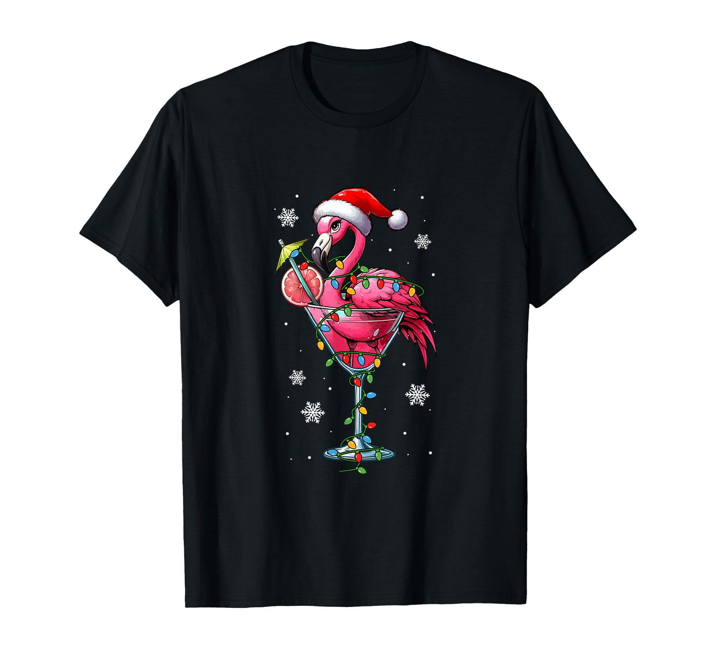 Santa Flamingo On Cocktail Glasses Christmas Colorful Lights T-Shirt