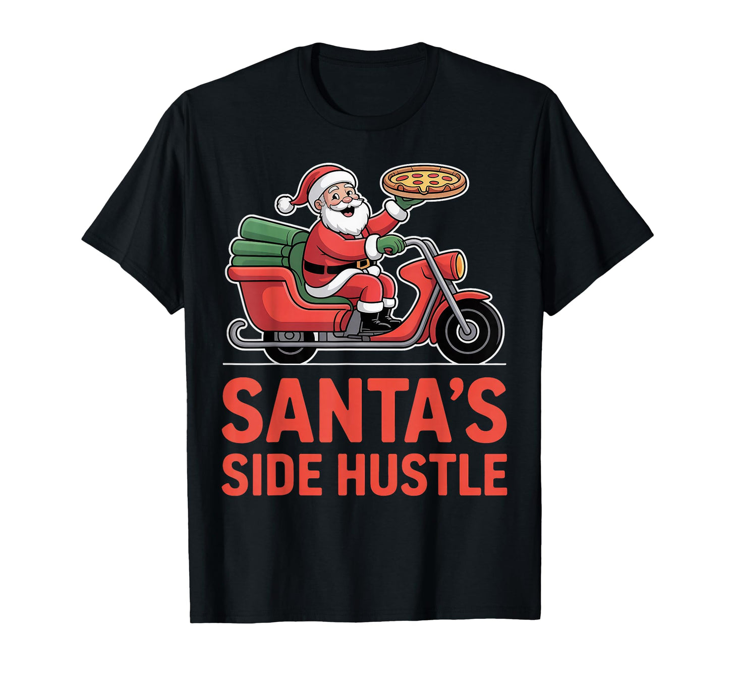 Santa’s Side Hustle - Santa Delivering Pizza on Scooter T-Shirt