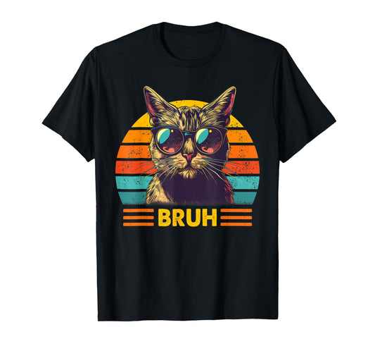 Vintage Cat Bruh With Cat Greetings Teens Boys Men T-Shirt
