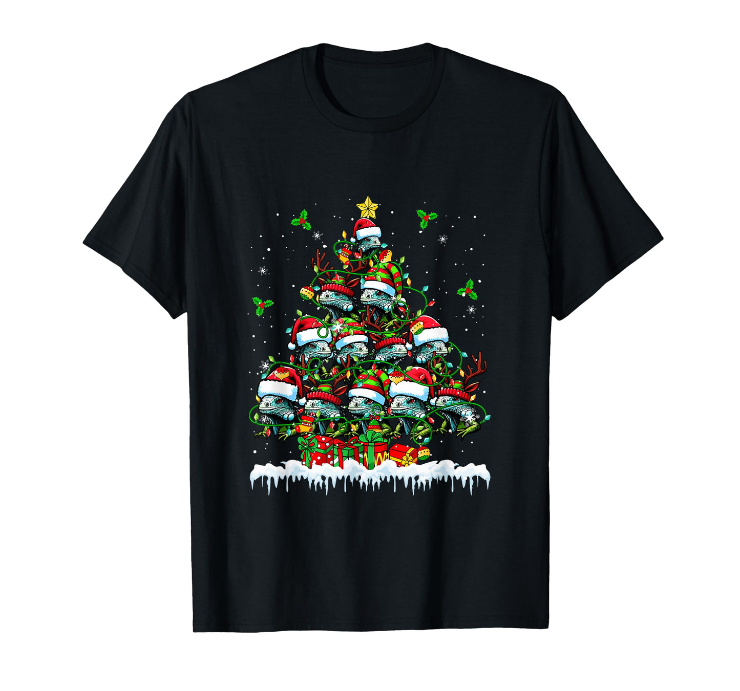 Group Santa Reindeer Elf Iguanas Xmas Tree Colorful Lights T-Shirt