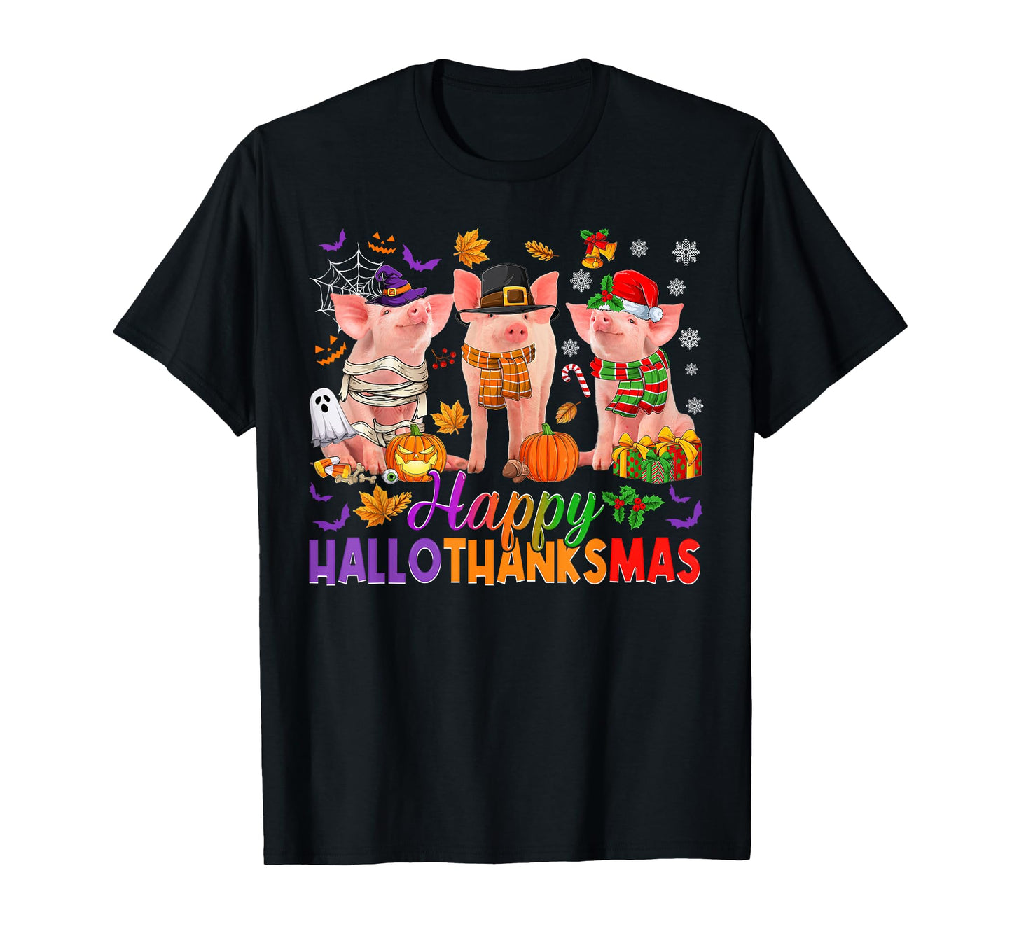 Happy Hallothanksmas Halloween Thanksgiving Christmas Pigs T-Shirt