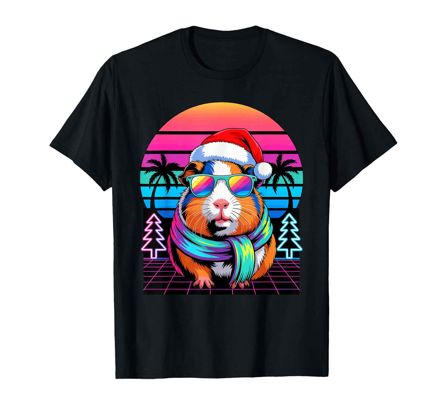 Christmas Synthwave Guinea Pig Sunglasses T-Shirt