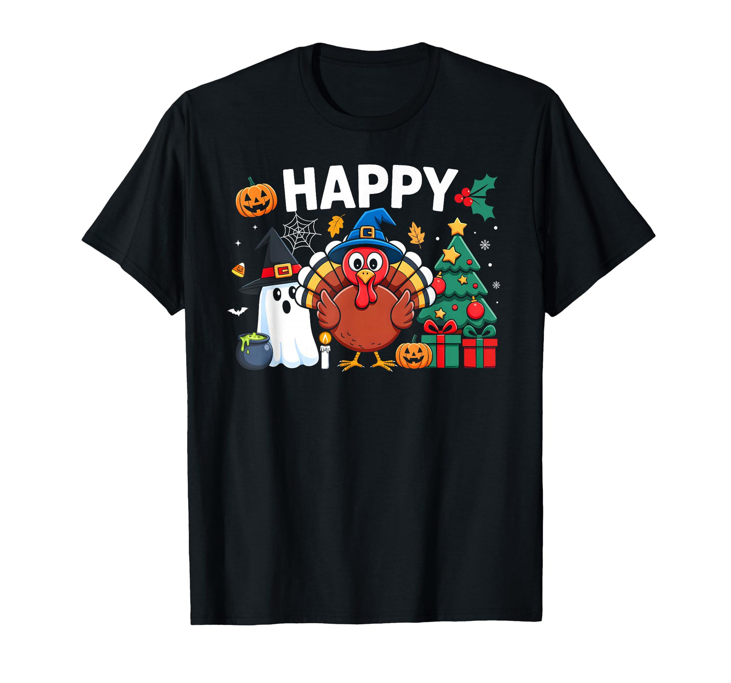 Happy Hallothanksmas Halloween Thanksgiving Merry Christmas T-Shirt