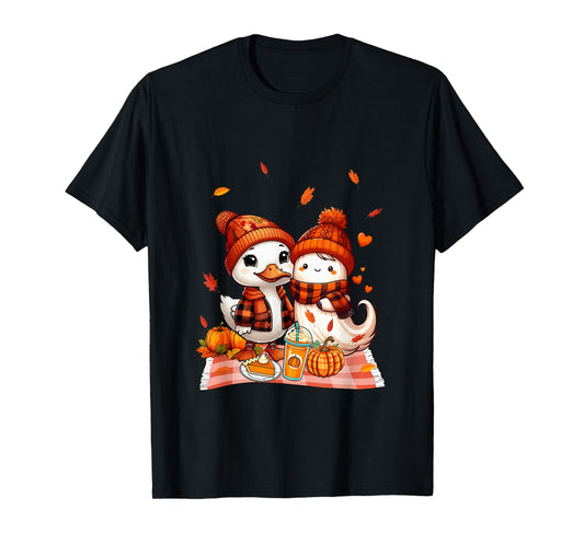 Duck with Boo Halloween Thanksgiving Fall Leaves Pumpkins T-Shirt