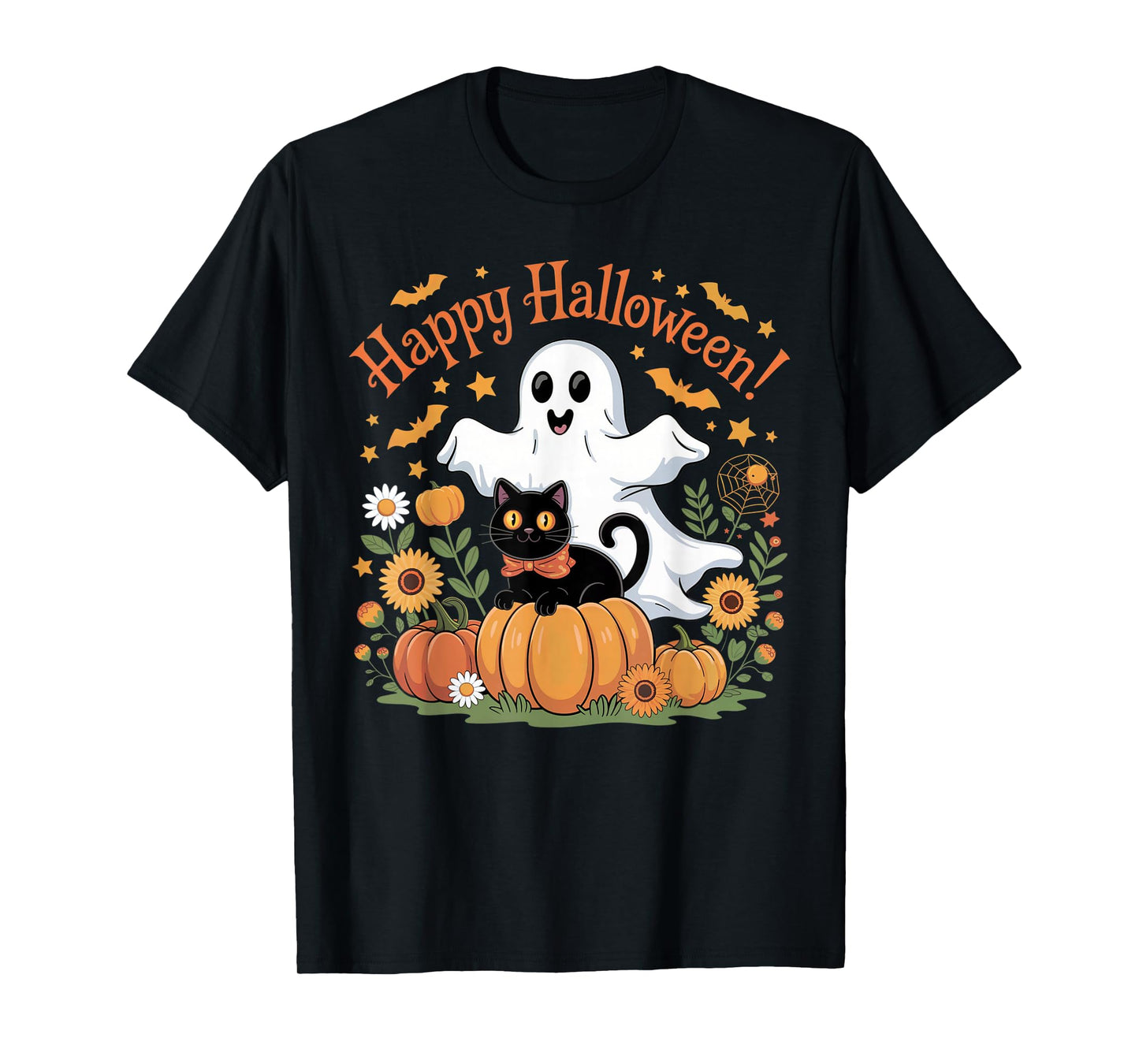 Womens Halloween Ghost Black Cat Ghost Halloween Girls T-Shirt