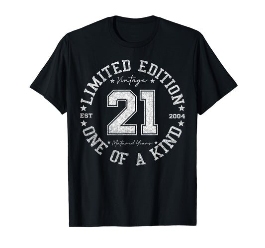 Retro One Of a Kind Shirts For Men Women 2025 21 Year Old Gifts Vintage 2004 Limited Edition Unisex-Adults T-Shirt Black Small Crew Neck Classic Fit Short Sleeve Number Letter Print 21st Birthday Gift