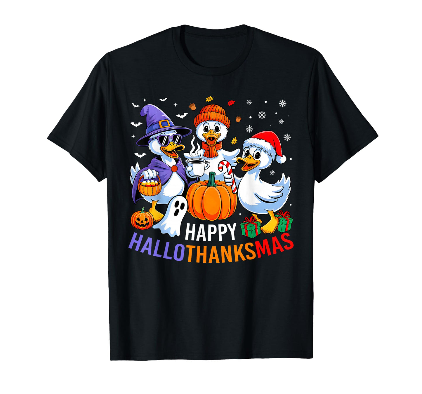 Happy HalloThanksMas Halloween Thanksgiving Christmas Duck T-Shirt