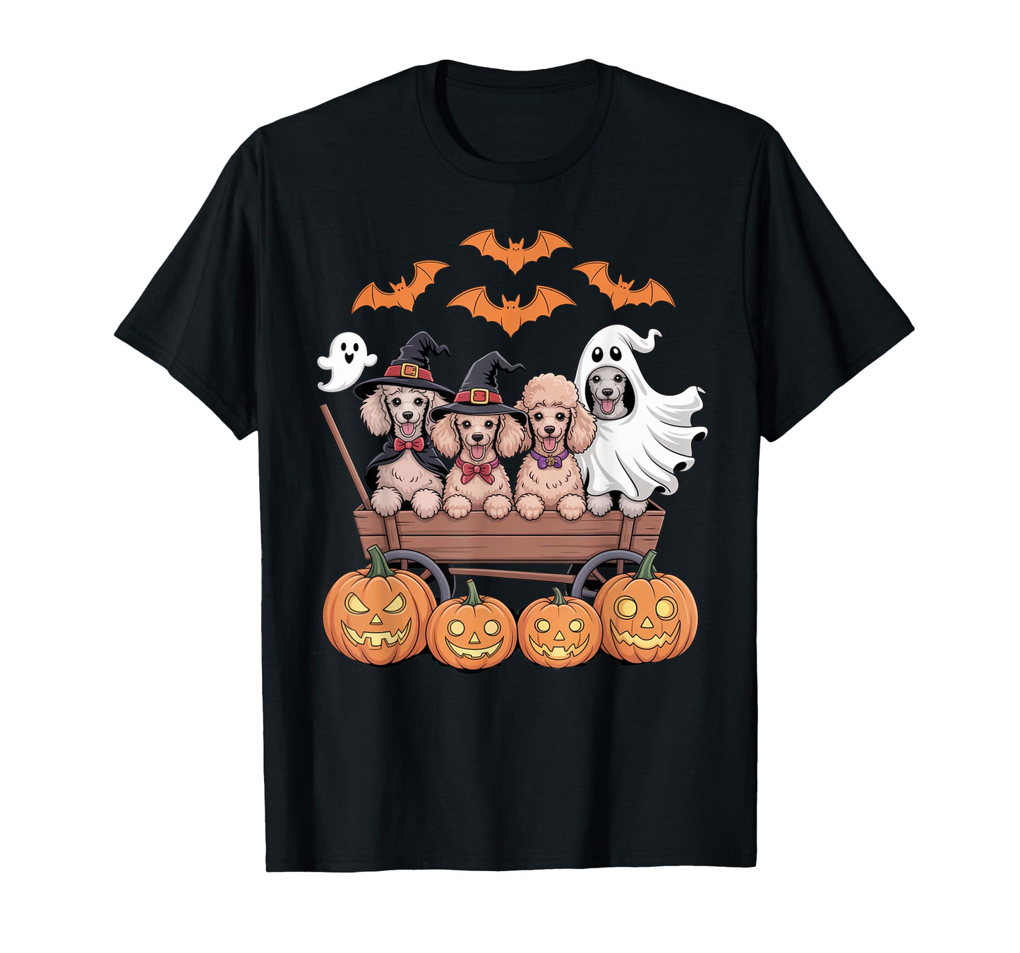 Poodle Halloween Wagon Witch Hats Ghost Bats Pumpkins Funny T-Shirt