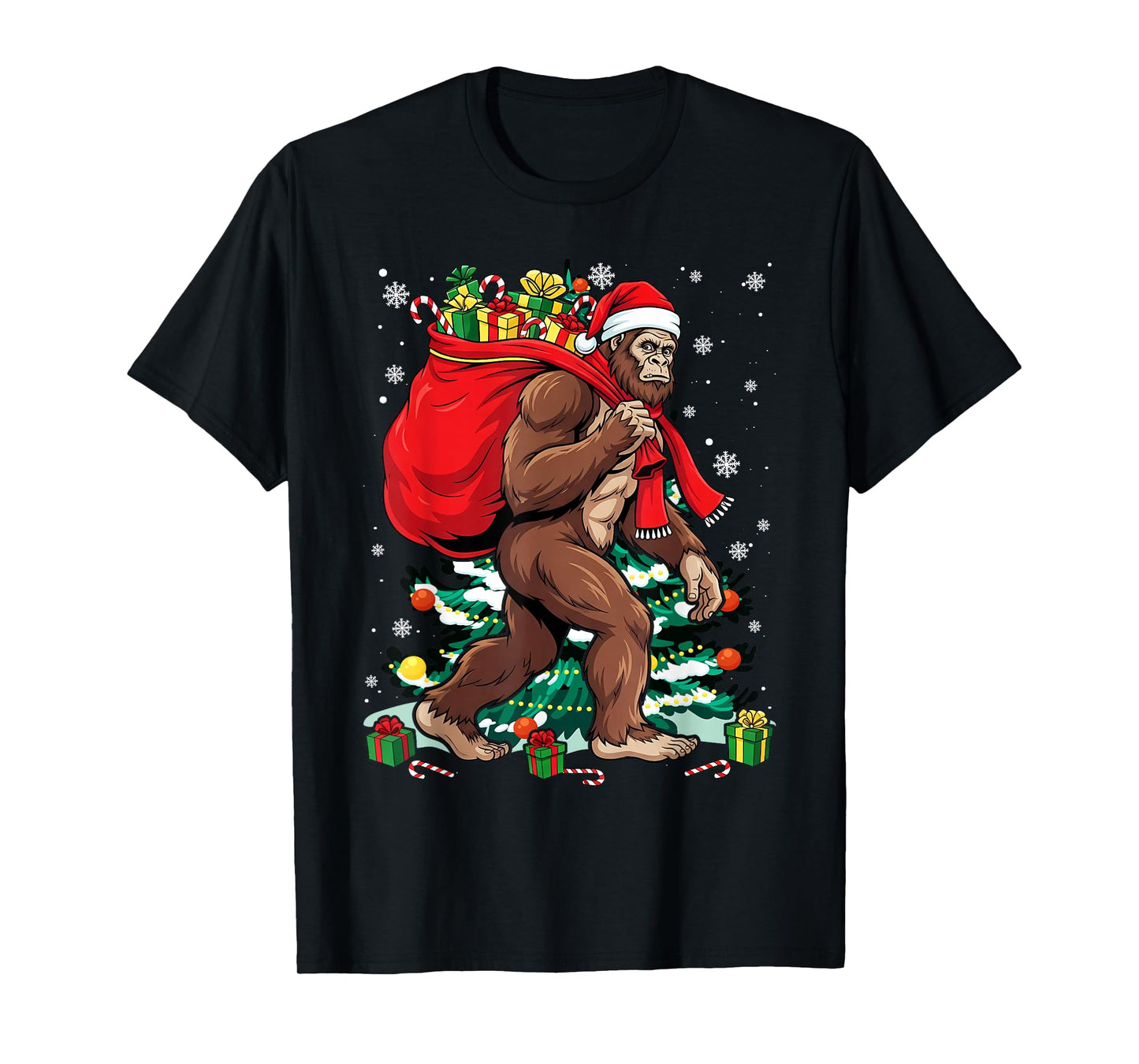 Bigfoot Santa Carrying Christmas Bag Xmas Hat Sasquatch Men T-Shirt