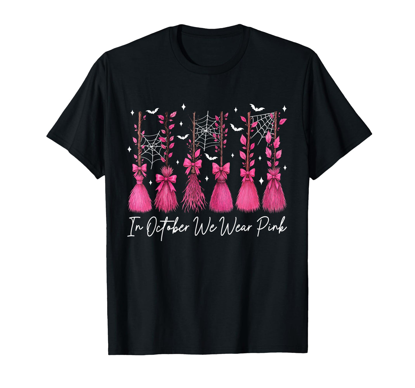 in October We Wear Pink Witch Broom Breast Cancer Halloween T-Shirt