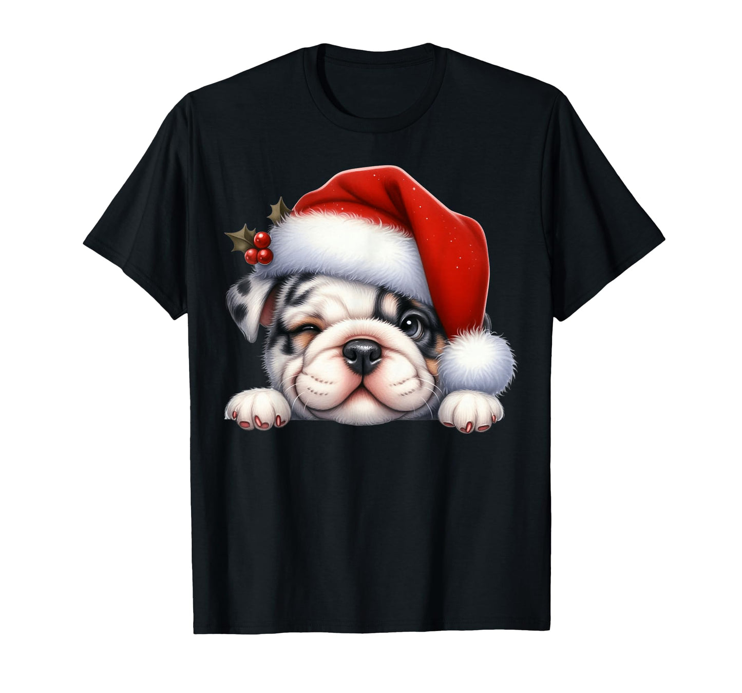 Bulldog Dog Christmas Santa Hat Dog Mom Dad T-Shirt