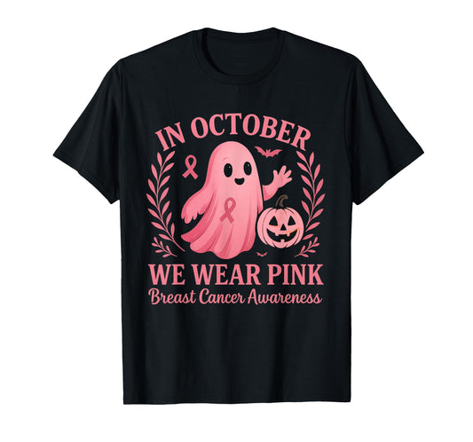 in October We Wear Pink Ghost Witch Breast Cancer Awareness T-Shirt