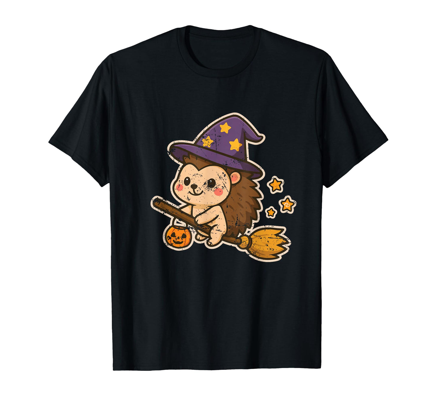 Hedgehog Witch on Broom with Stars T-Shirt