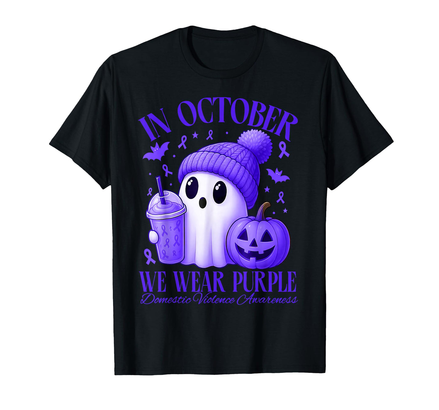in October We Wear Purple Halloween Ghost Violence Survivor T-Shirt