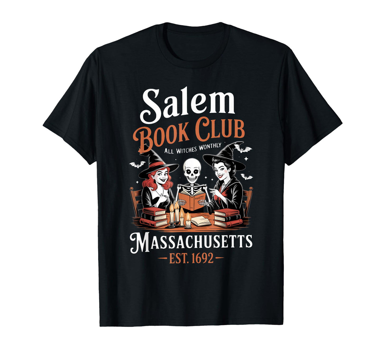 Vintage Salem Book Club Black Cat Bookish Spooky Halloween T-Shirt