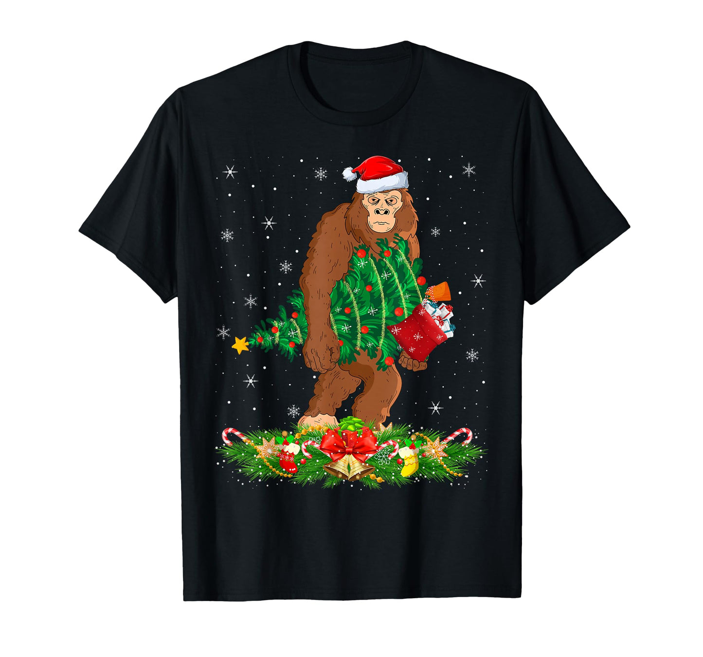 Bigfoot Christmas Tree Lights Santa Hat Funny Sasquatch Xmas T-Shirt