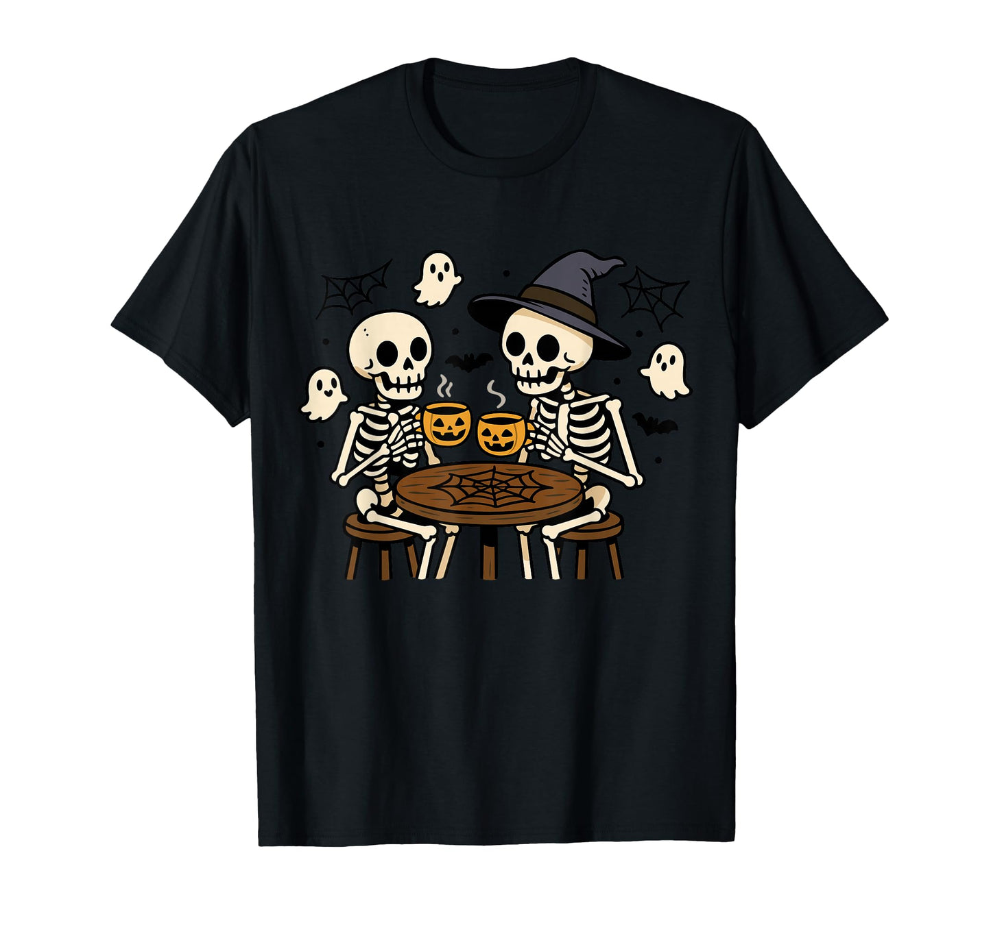 Halloween Skeleton and Coffee Funny Design with Witch Hat T-Shirt