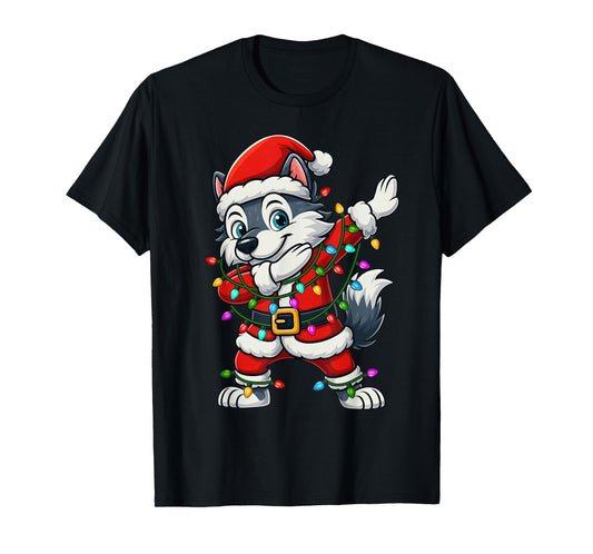 Dabbing Wolf Lights Santa Xmas Girls Boys Kids Christmas T-Shirt