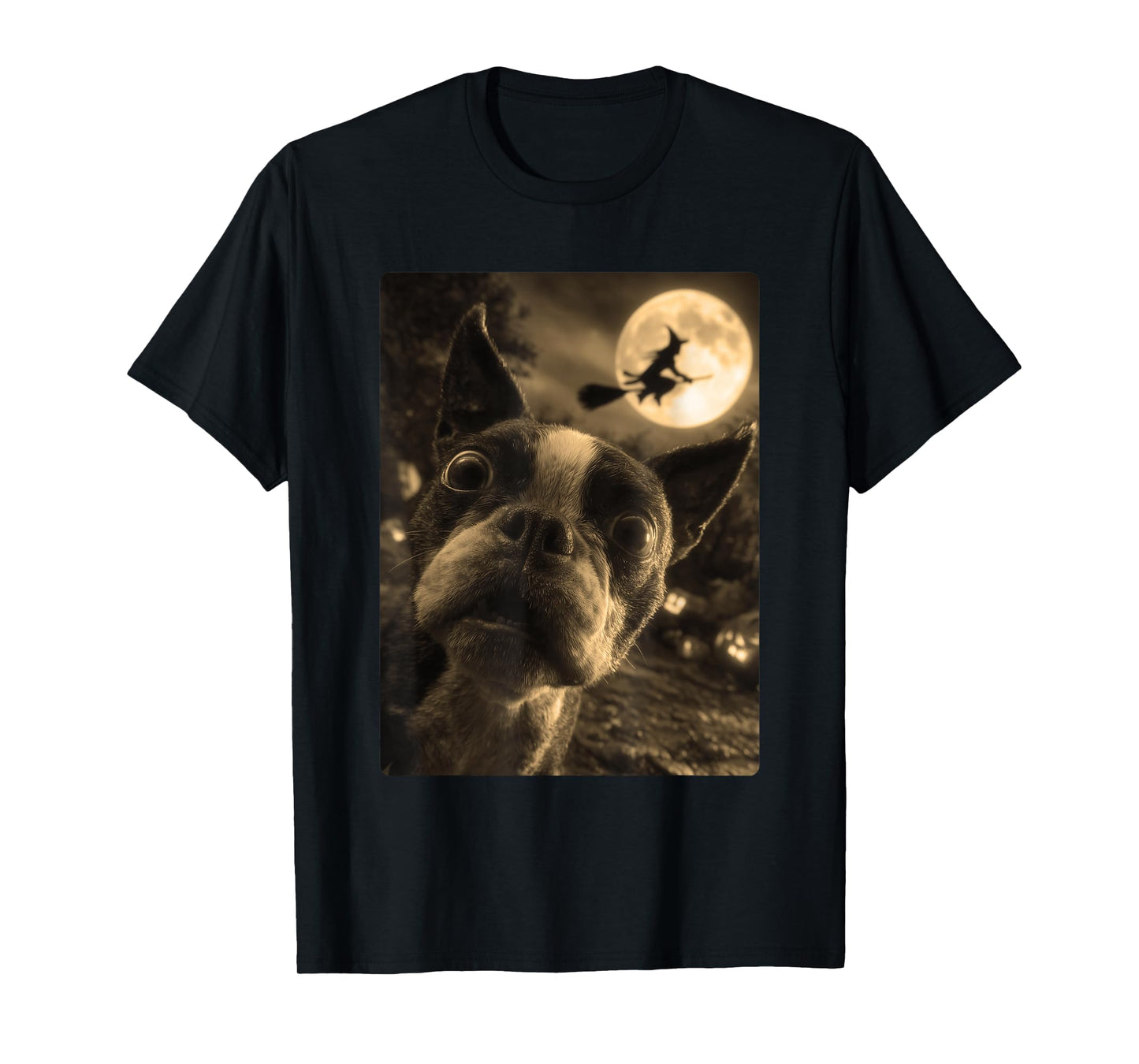 Boston Terrier Selfie Full Moon Flying Witch Halloween Dog T-Shirt