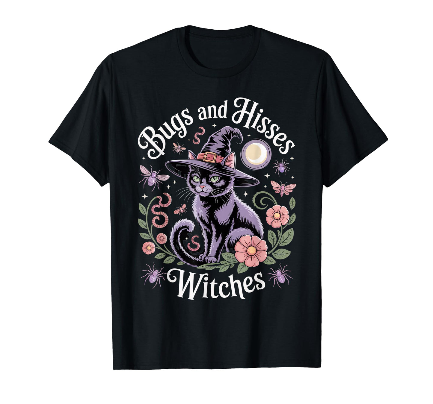 Bugs and Hisses Witches Cat Floral Halloween Women Teen Tee T-Shirt