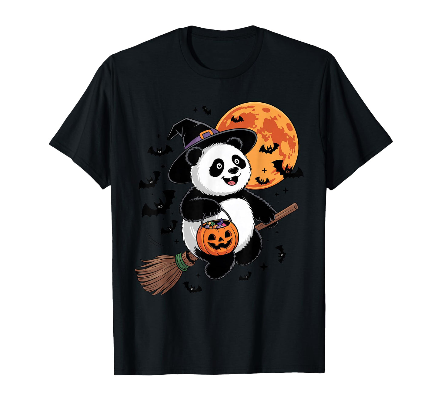 Cute Panda Witch Riding Broom Halloween Pumpkin Kids Boys T-Shirt