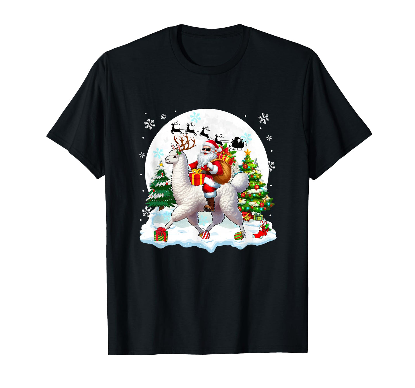Santa Sunglasses Riding Llama Reindeer Christmas Snowman T-Shirt