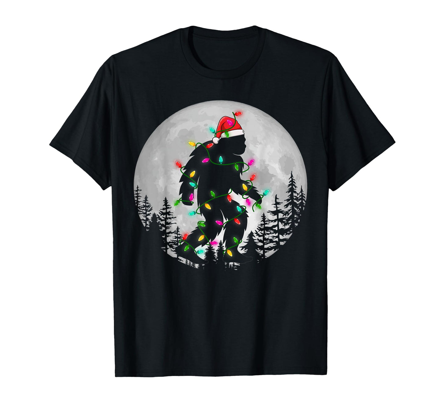 Bigfoot Christmas Lighting Santa Hat Night Moon Xmas Gifts T-Shirt