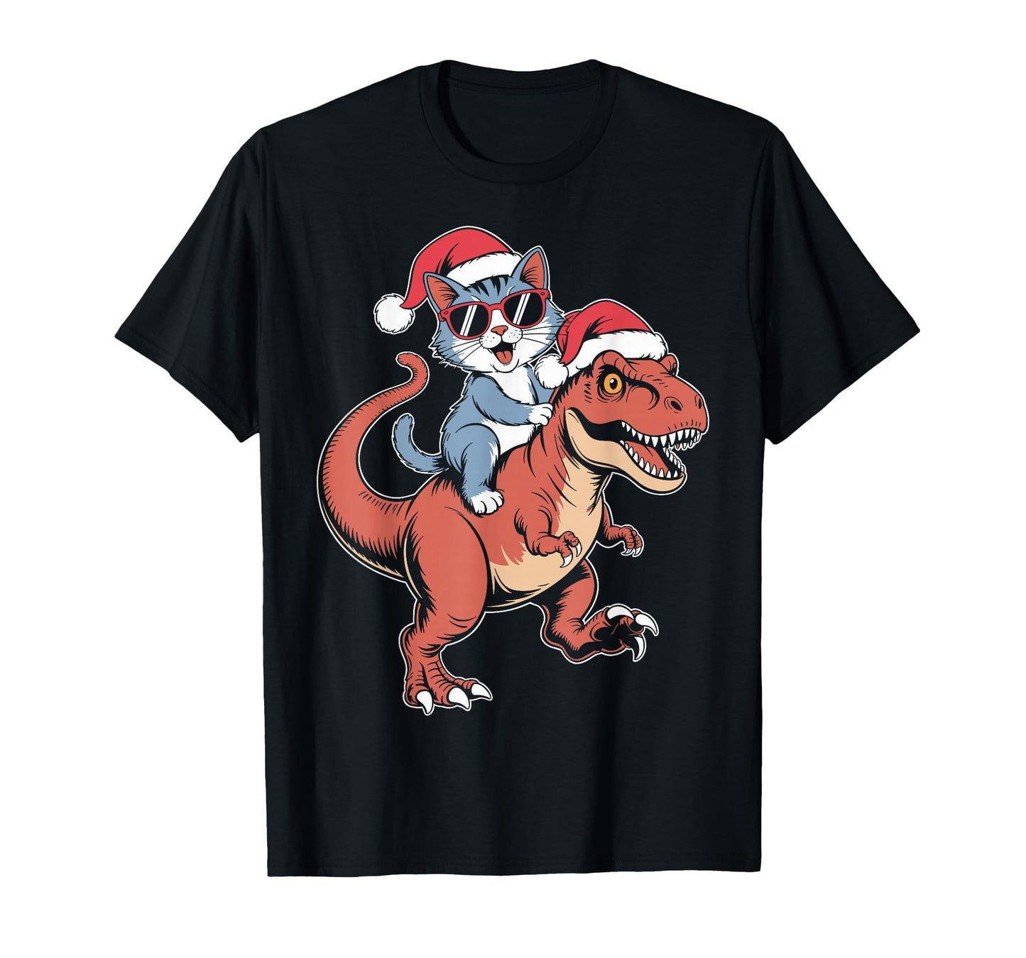 Cool cat Riding Dinosaur Christmas T-Shirt