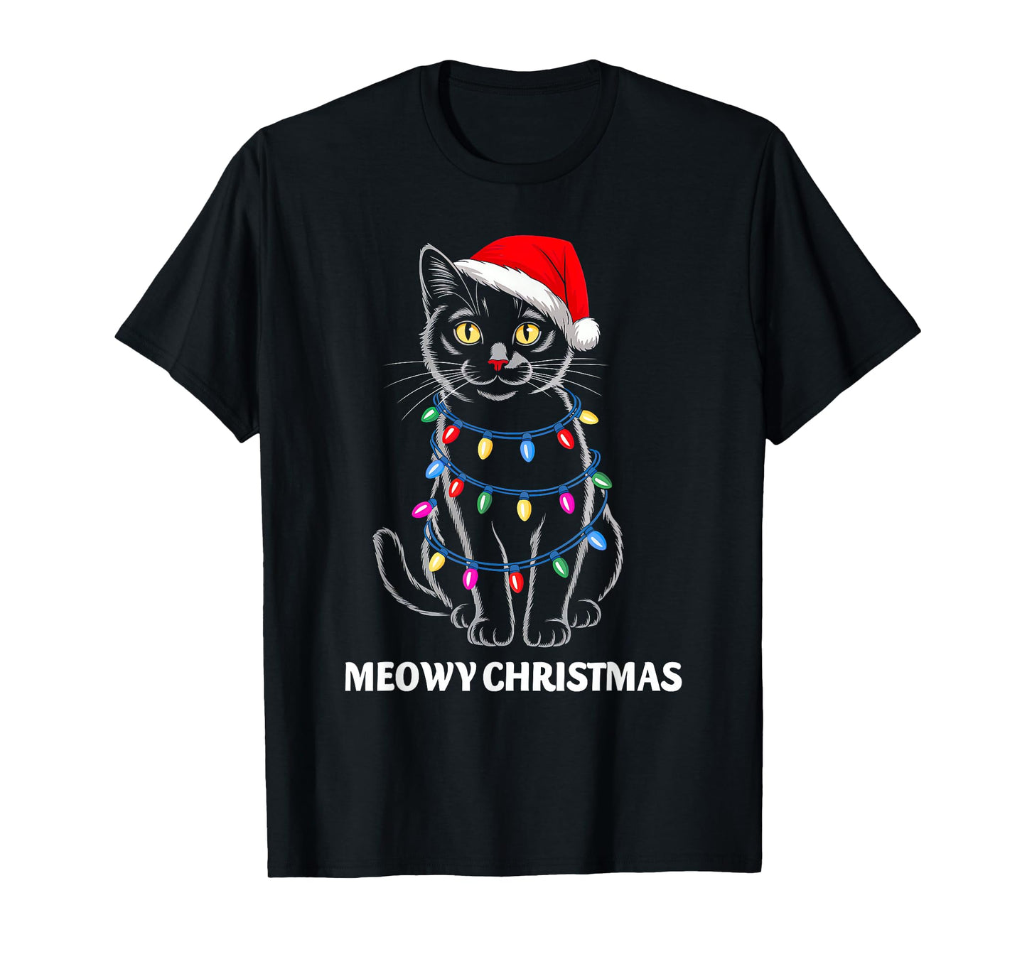 Meowy Christmas Lights Black Cat Santa Xmas Family Men Women T-Shirt