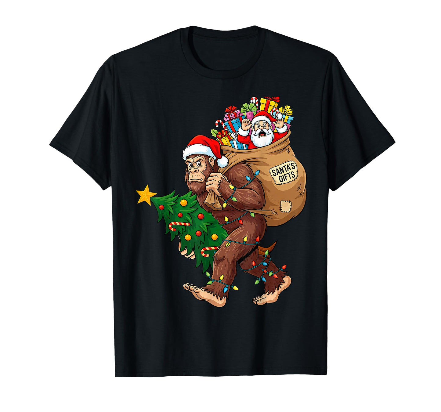 Funny Bigfoot Steals Santa & Xmas Tree - Christmas Sasquatch T-Shirt