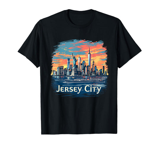 Vintage Jersey City New Jersey Sunset Skyline Cityscape T-Shirt