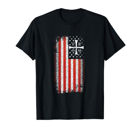 IC XC NIKA Orthodox Christian American Flag Vintage T-Shirt