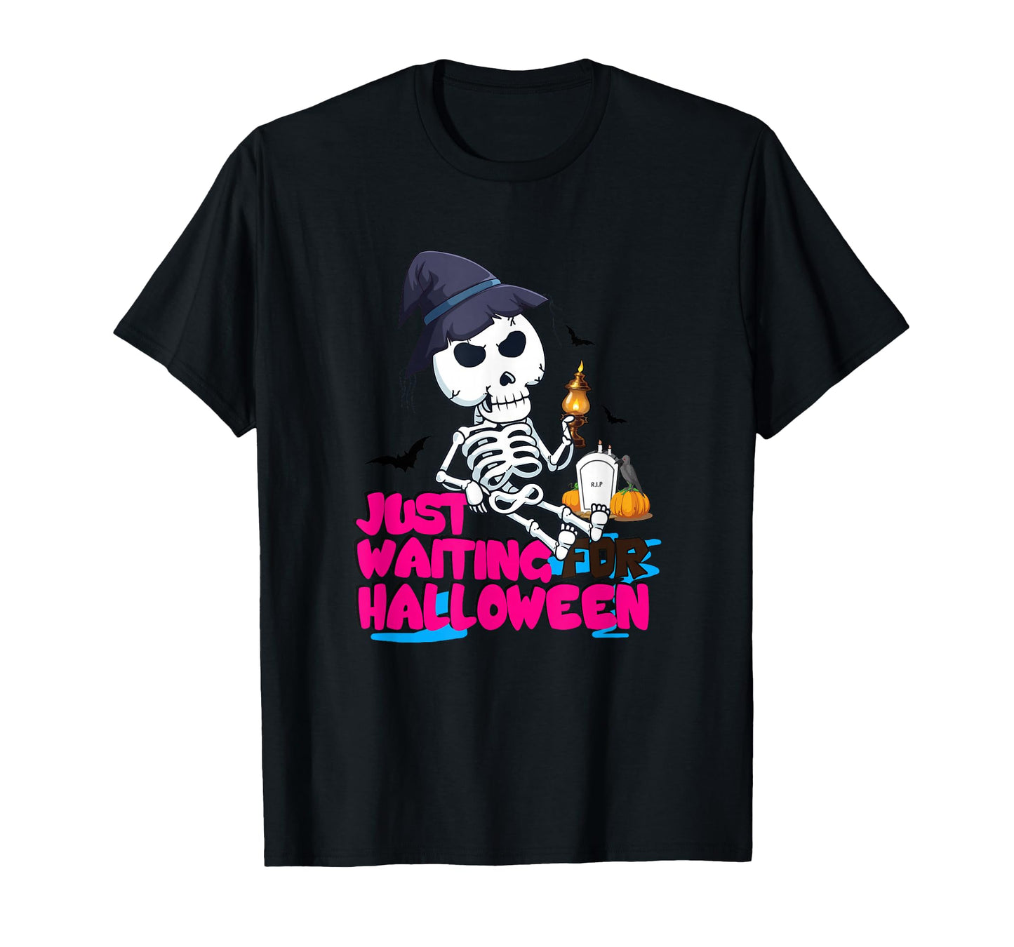 Just Waiting for Halloween Skeleton Witch Spooky Season T-Shirt