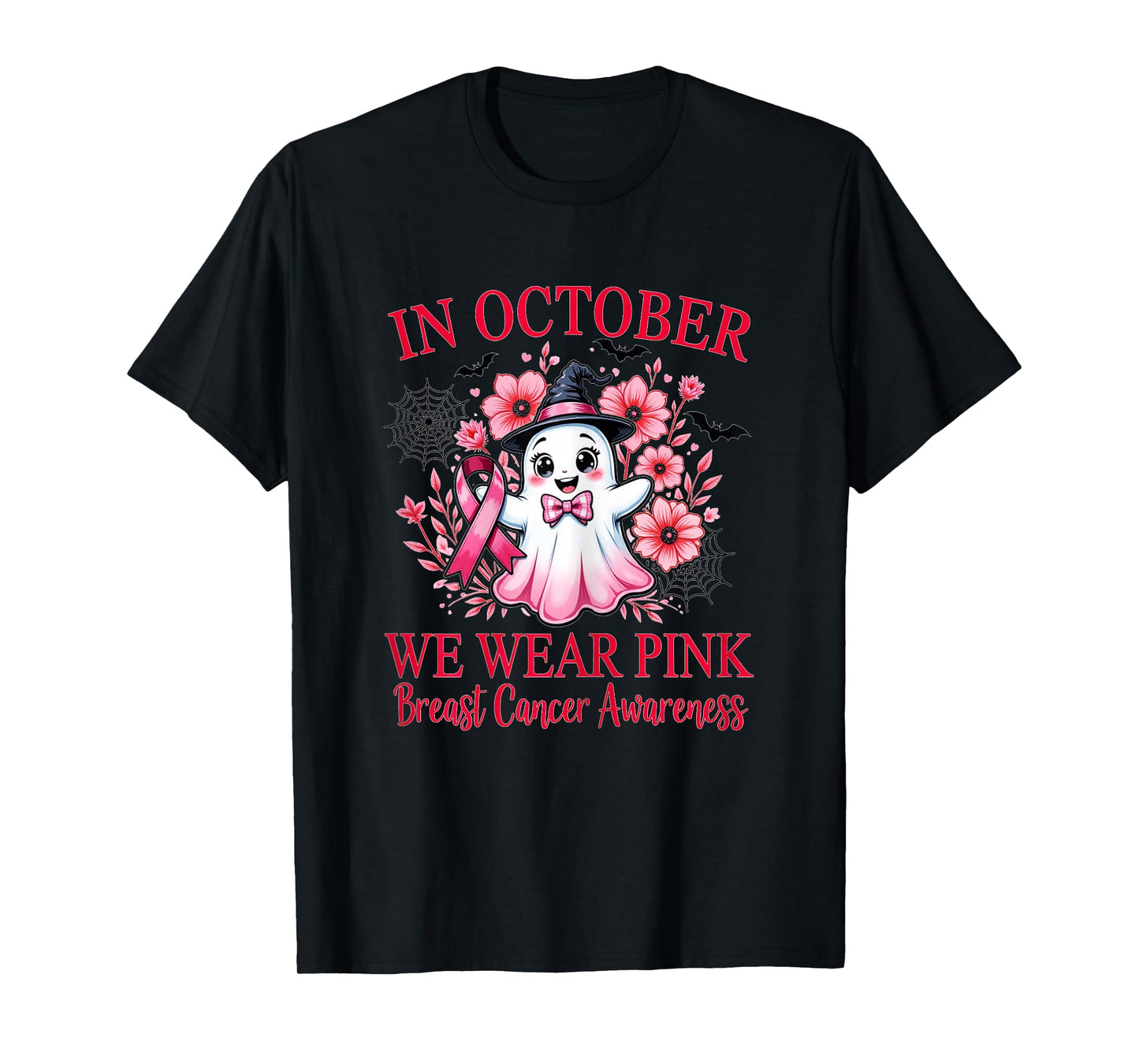 Pink Ribbon Breast Cancer Awareness Cute Ghost and Witch Hat T-Shirt